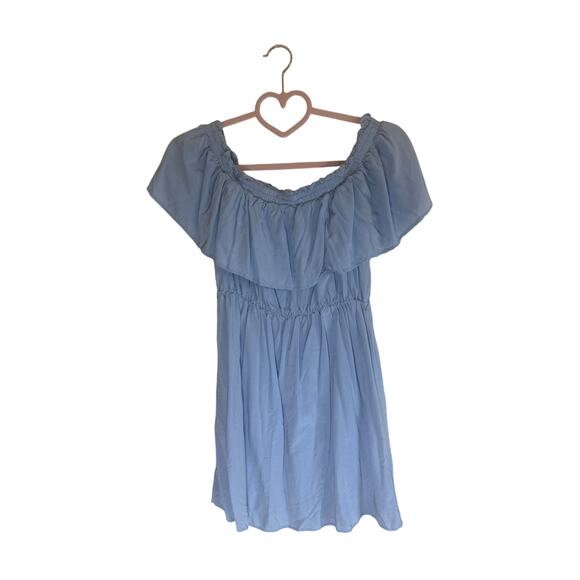 Bardot Women's Off-Shoulder Ruffle Mini Dress US 6 Light Blue 100% Viscose - Picture 3 of 11